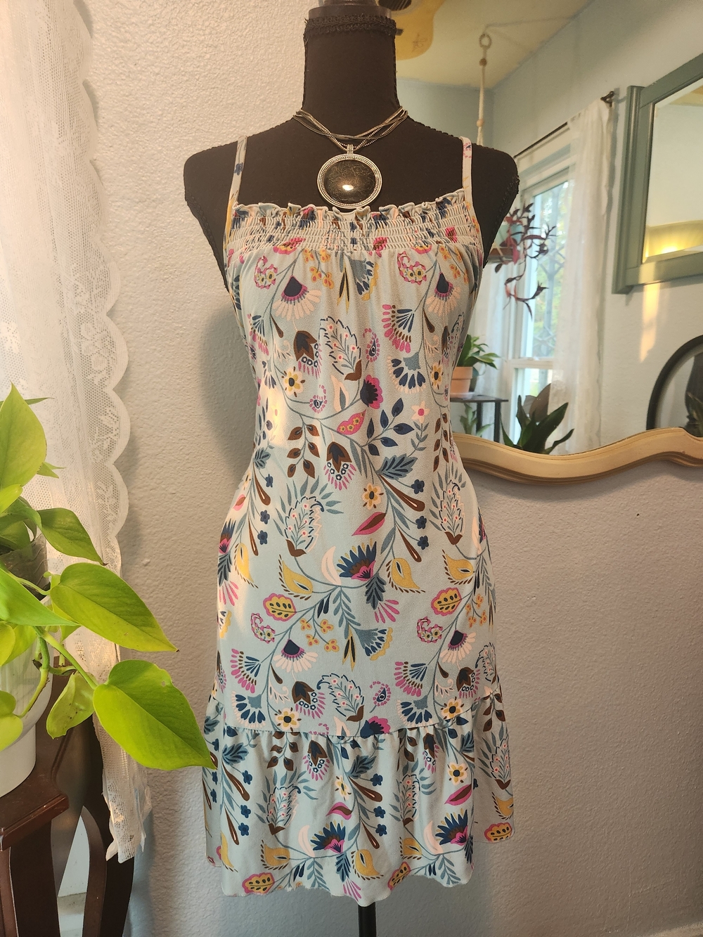Smocked Floral Midi Dress in Light Blue